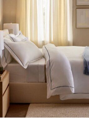 Quince Giza Cotton Sateen Embroidered Duvet Set w Euro Sham Mineral Twin NWT